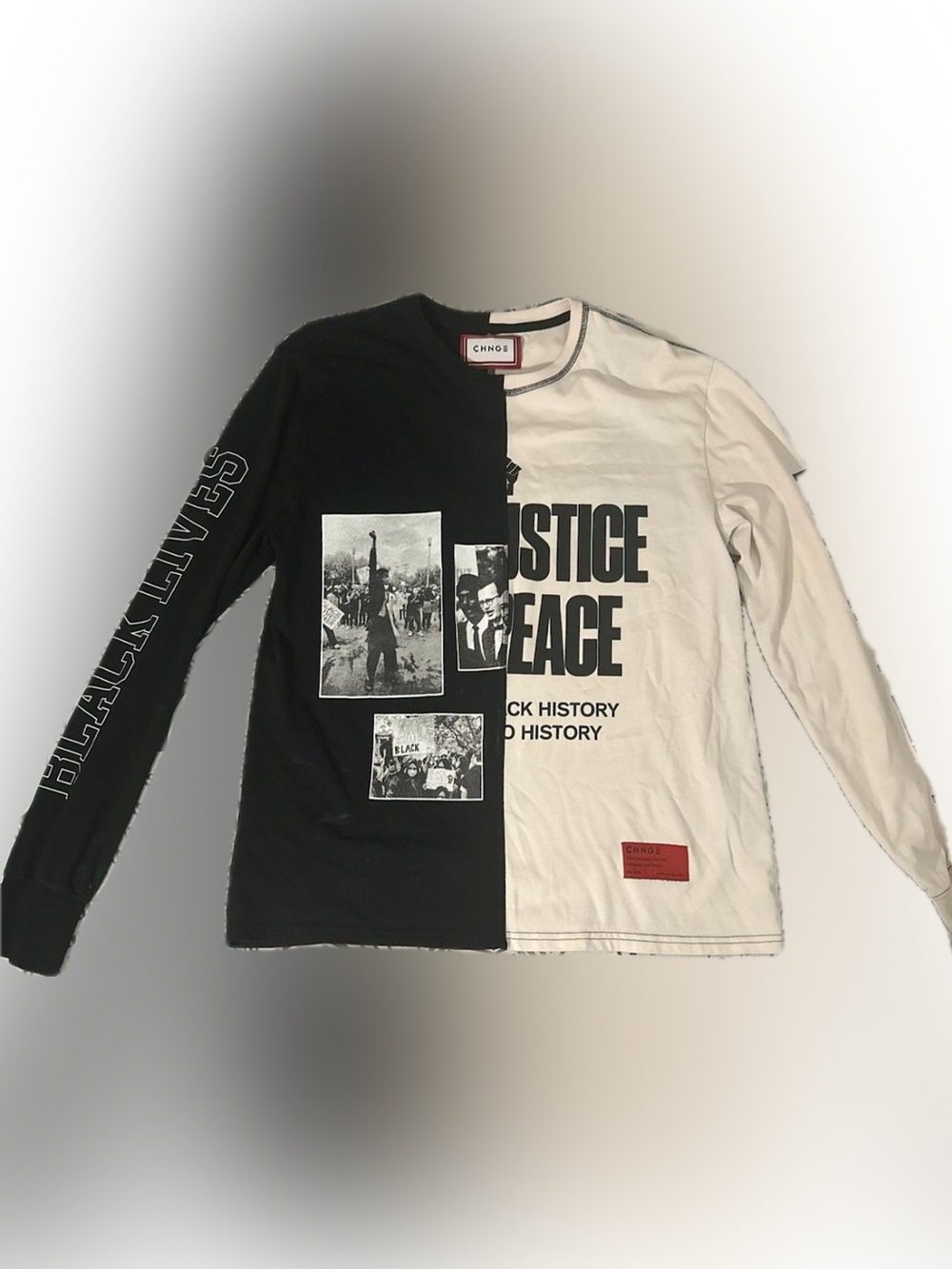 CHNGE Oversized Black & White Split 'Justice Peace' Graphic Long Sleeve Shirt